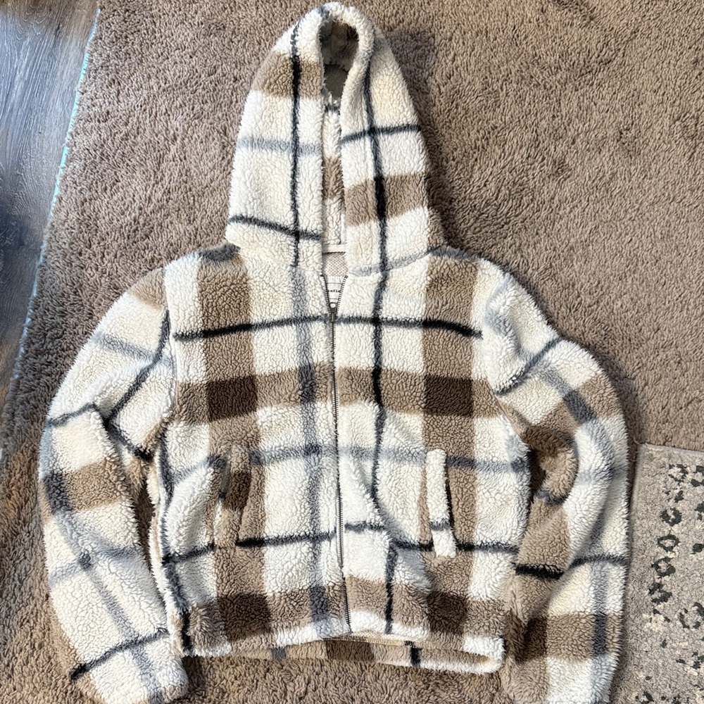 Reflex Kids Plaid Puffer Jacket in Cream and Brown